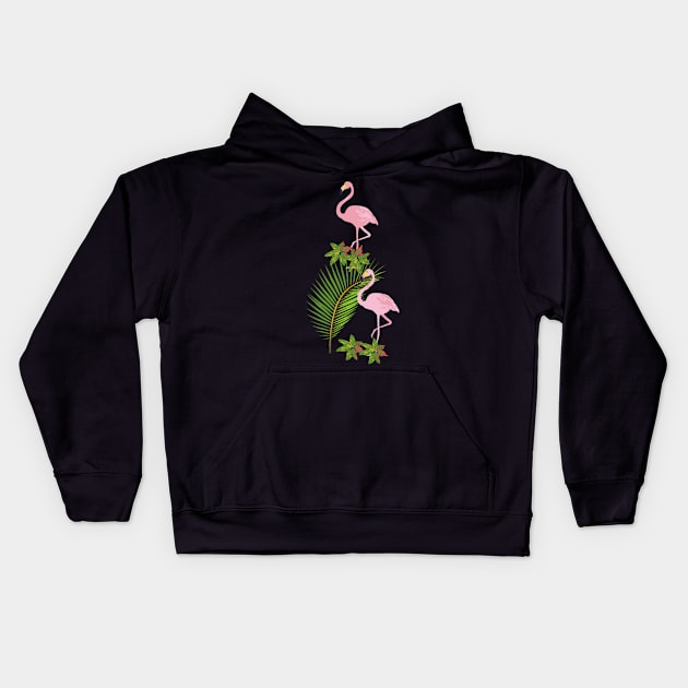 Flamingo and palm leaves Kids Hoodie by LukjanovArt